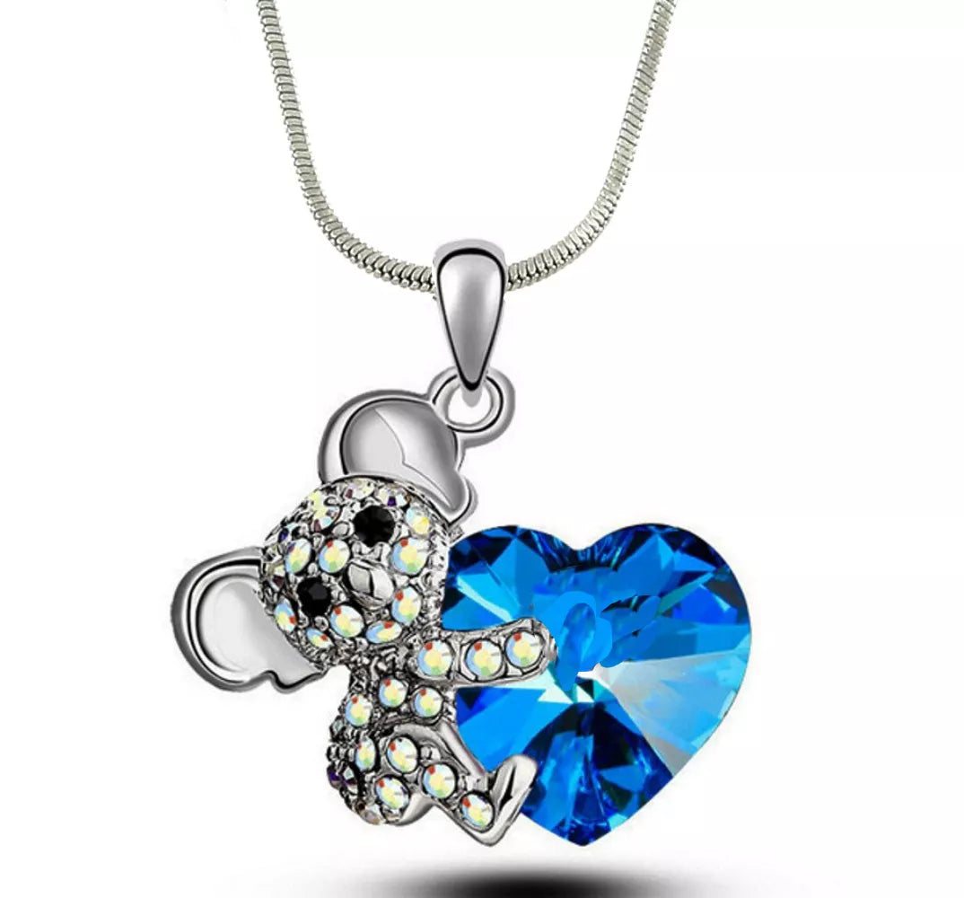 Little Koala Teddy Bear Blue Heart Pendant Necklace 18" Christmas Birthday Anniersary Valentines Gift