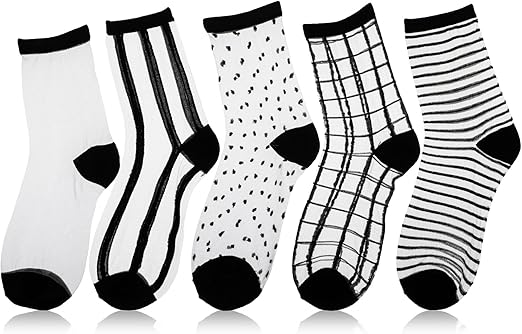 5 Pairs Sheer Socks Black See Through Socks Checkered Dot Striped