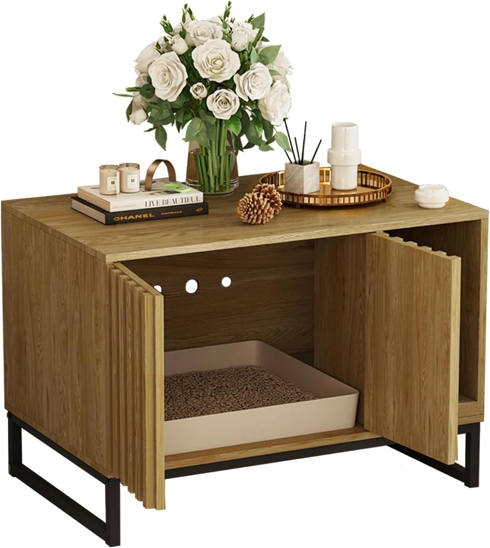 Modern Cat Litter Box Enclosure Furniture Hidden Litter Box with Cat Scratch Pad