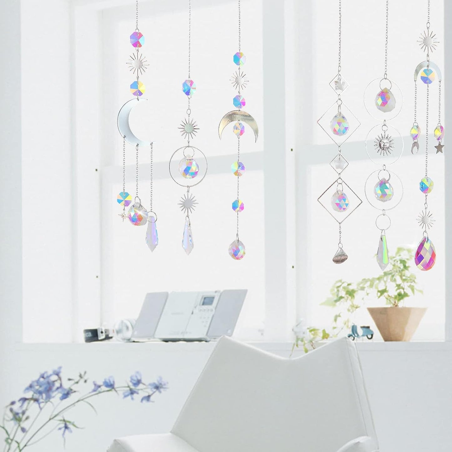 6 Pieces Colorful Crystals Suncatcher Hanging Sun Catcher with Chain Pendant Ornament (Silver)