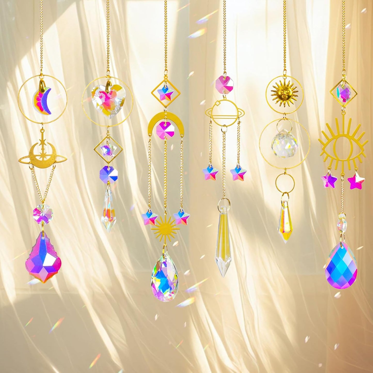 6 Pieces Colorful Crystals Suncatcher with Chain Pendant Ornaments (Gold)