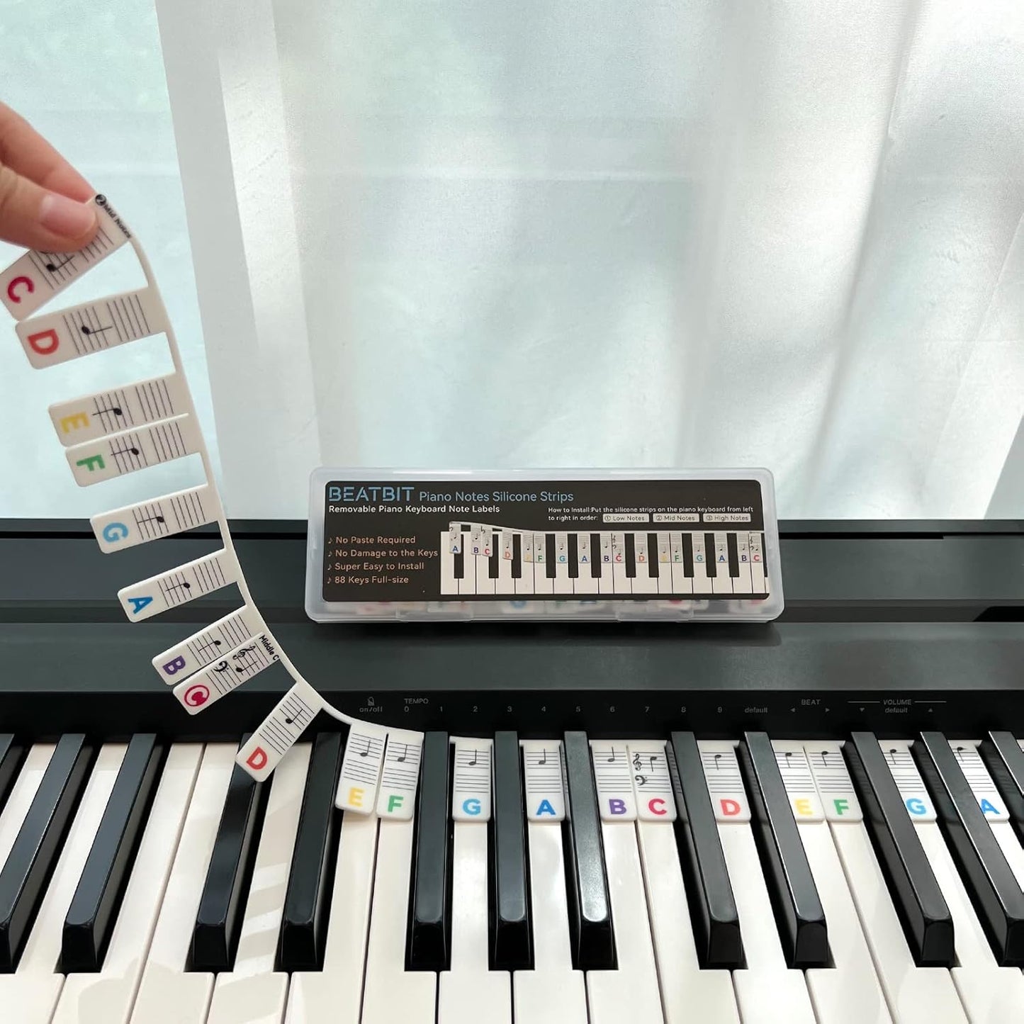 88-Key Full Size, Made of Silicone Removable Piano Keyboard Note Labels (Rainbow)