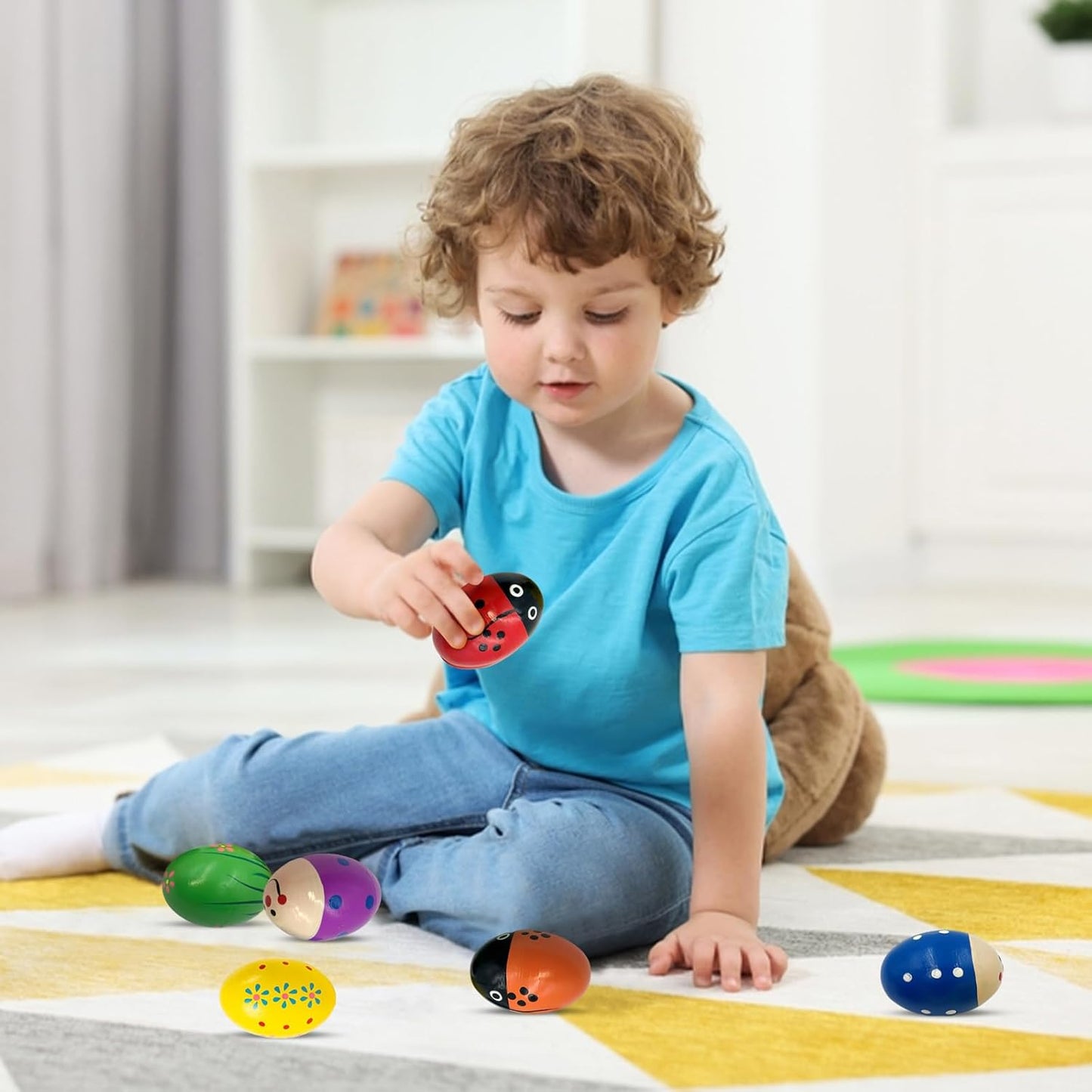 Wooden Maracas for Kids, Colorful Egg Shakers Toy 6-Pack Easter Eggs