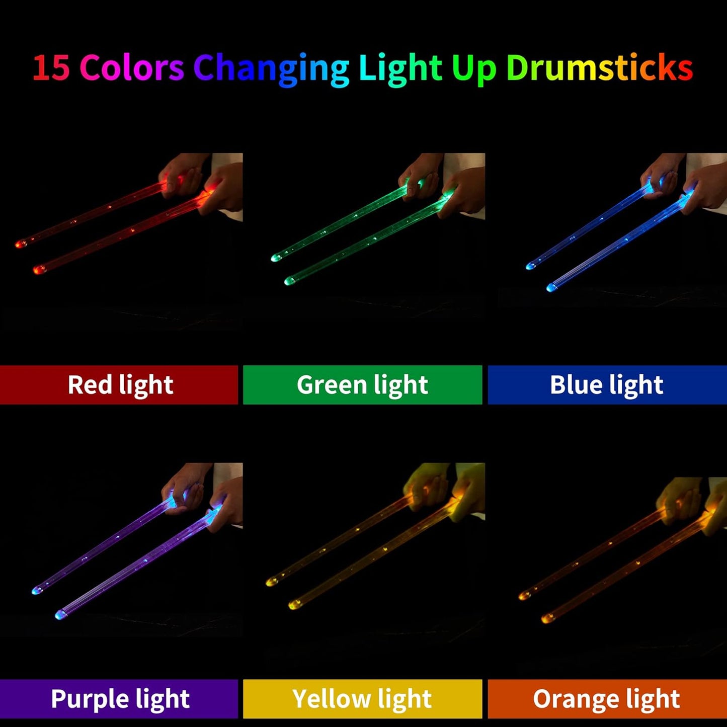Rechargeable 15 Color Changing LED Light Up Drum Sticks With Storage Bag, Glow In The Dark Drumsticks