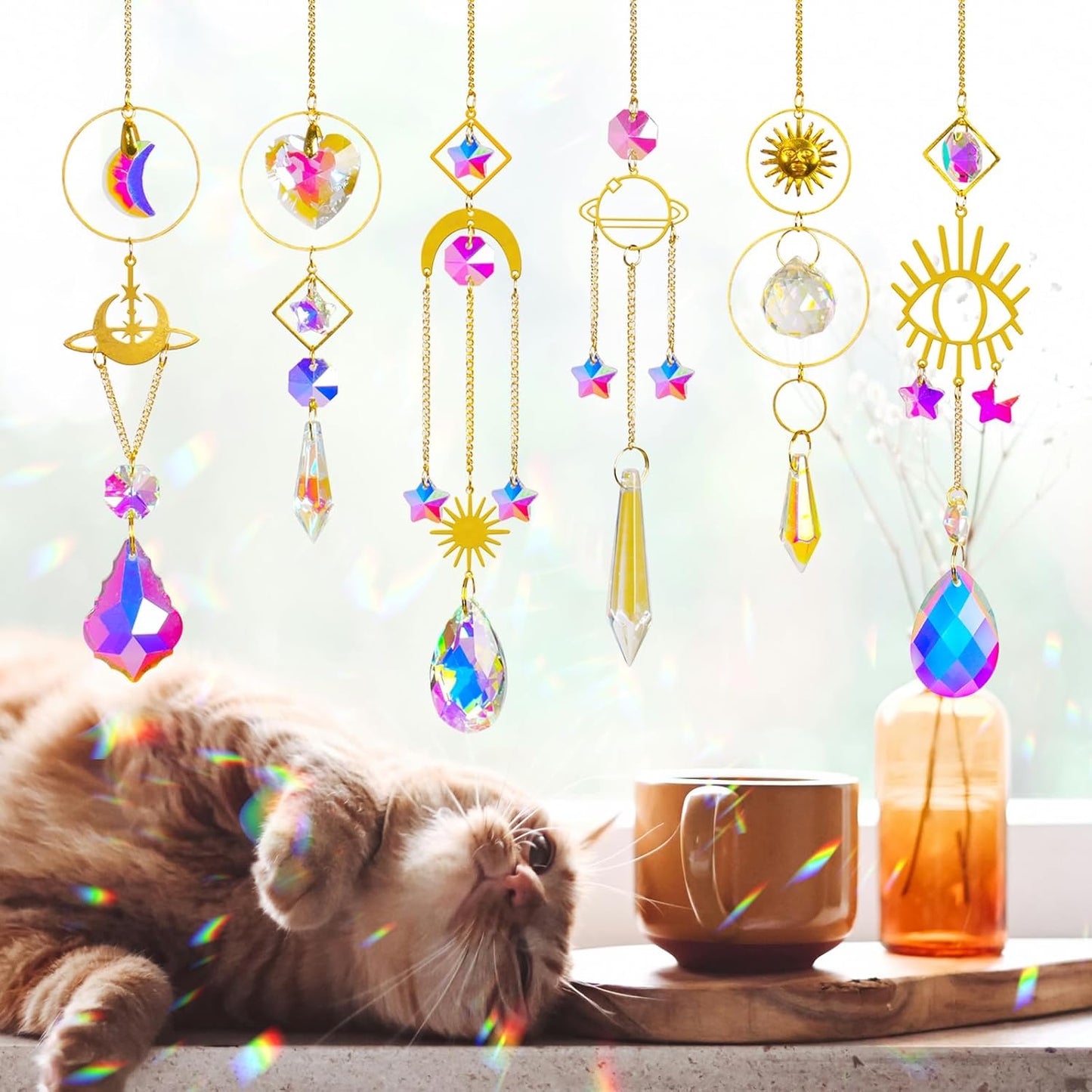 6 Pieces Colorful Crystals Suncatcher with Chain Pendant Ornaments (Gold)