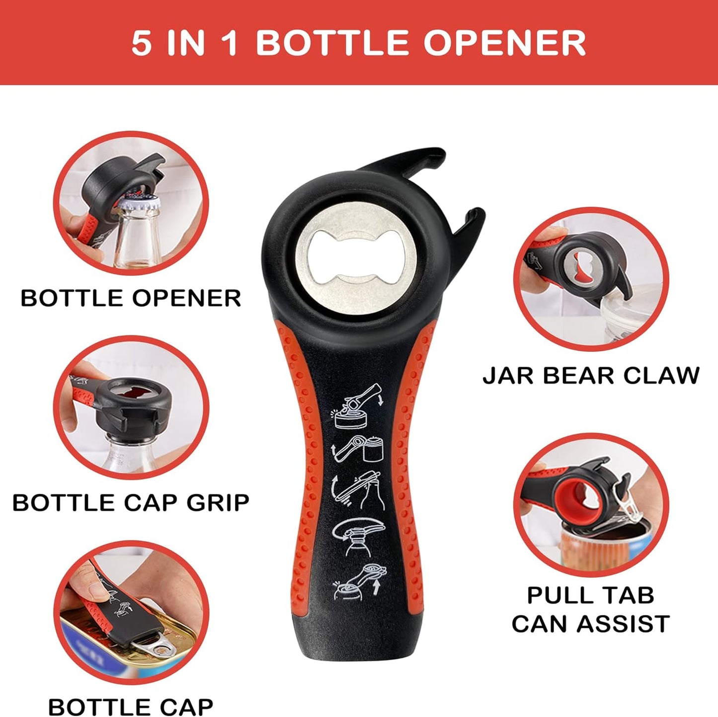 5 in 1 Multi Function Bottle Opener Lid Opener (red)