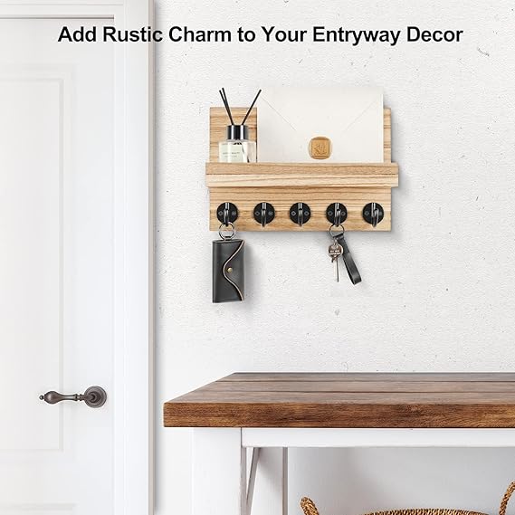 Key Holder for Wall, Decorative Key and Mail Holder with Shelf Has Large Key Hooks for Bags, Coats