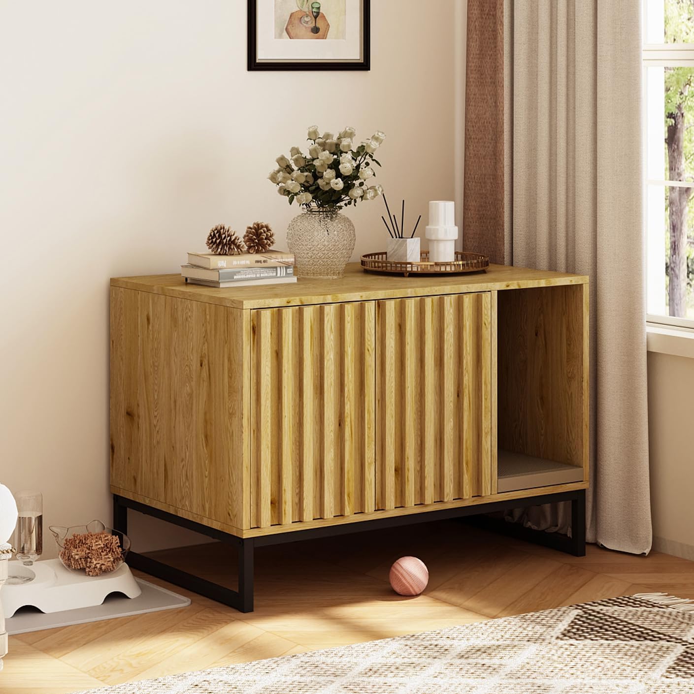 Modern Cat Litter Box Enclosure Furniture Hidden Litter Box with Cat Scratch Pad