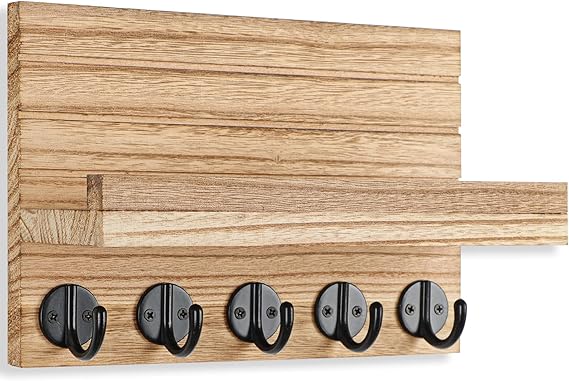 Key Holder for Wall, Decorative Key and Mail Holder with Shelf Has Large Key Hooks for Bags, Coats