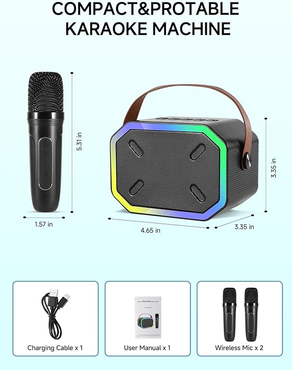 Mini Portable Bluetooth Speaker with 2 Wireless Microphones, Led Lights for TV, Kids Gifts