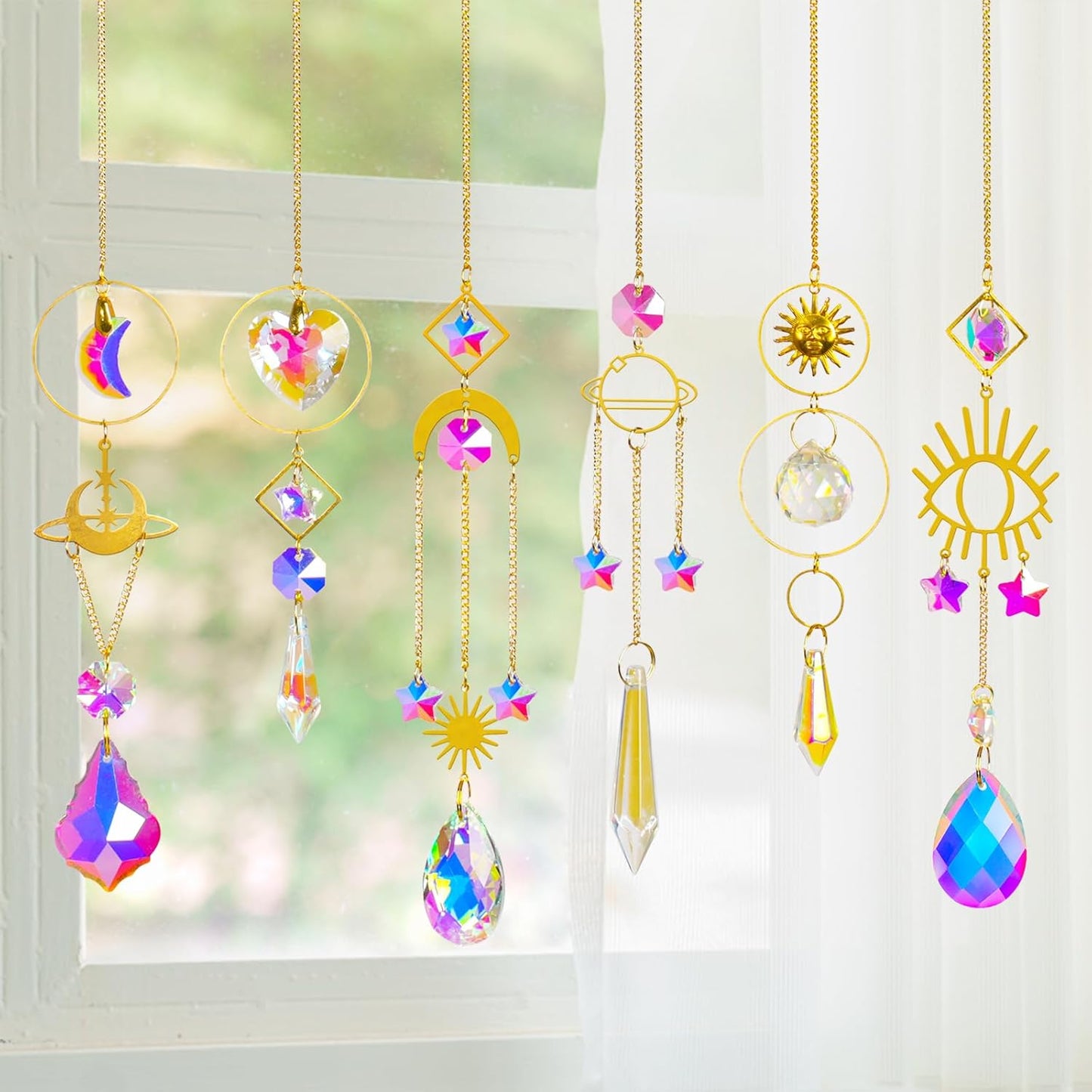 6 Pieces Colorful Crystals Suncatcher with Chain Pendant Ornaments (Gold)