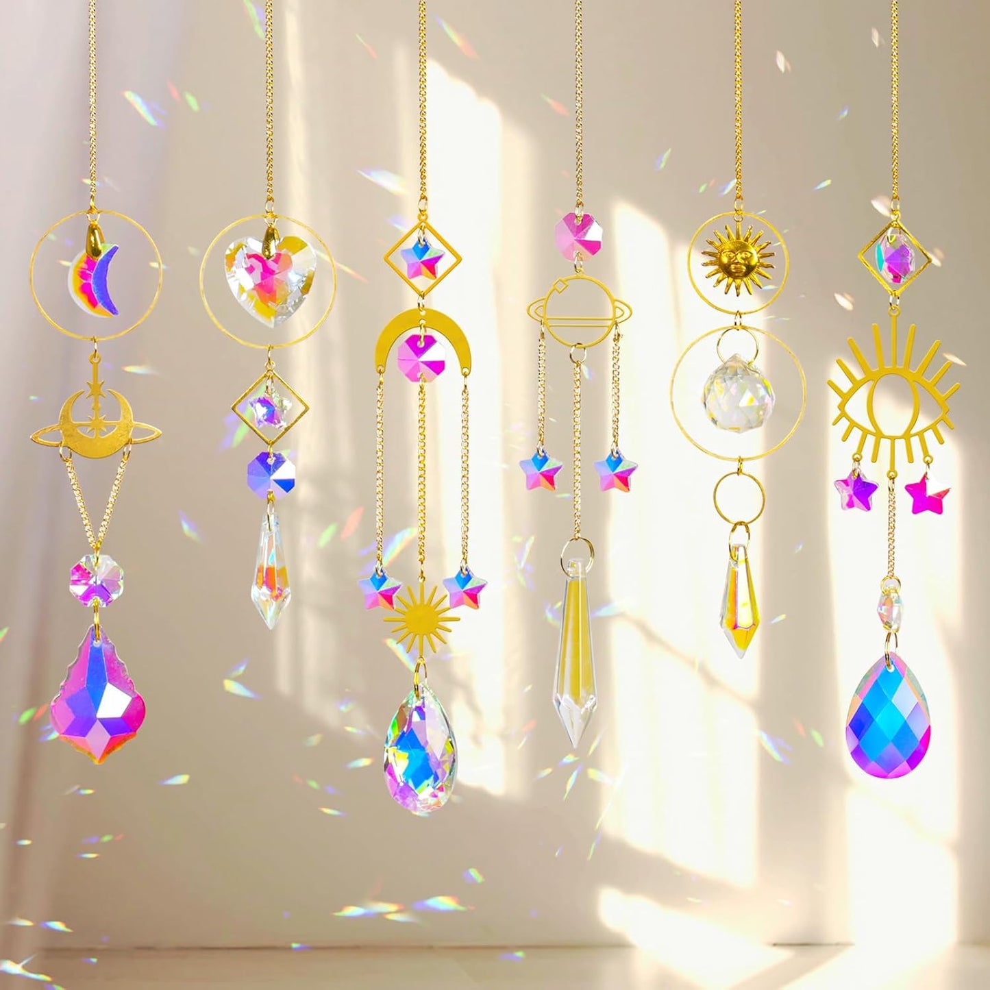 6 Pieces Colorful Crystals Suncatcher with Chain Pendant Ornaments (Gold)