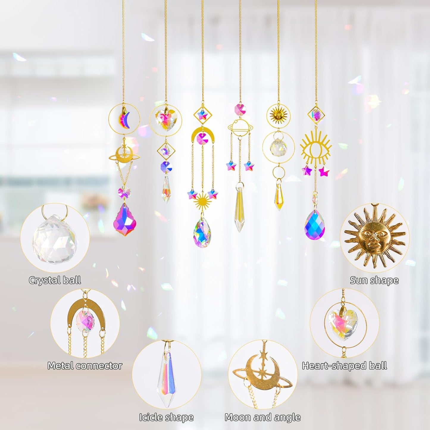 6 Pieces Colorful Crystals Suncatcher with Chain Pendant Ornaments (Gold)