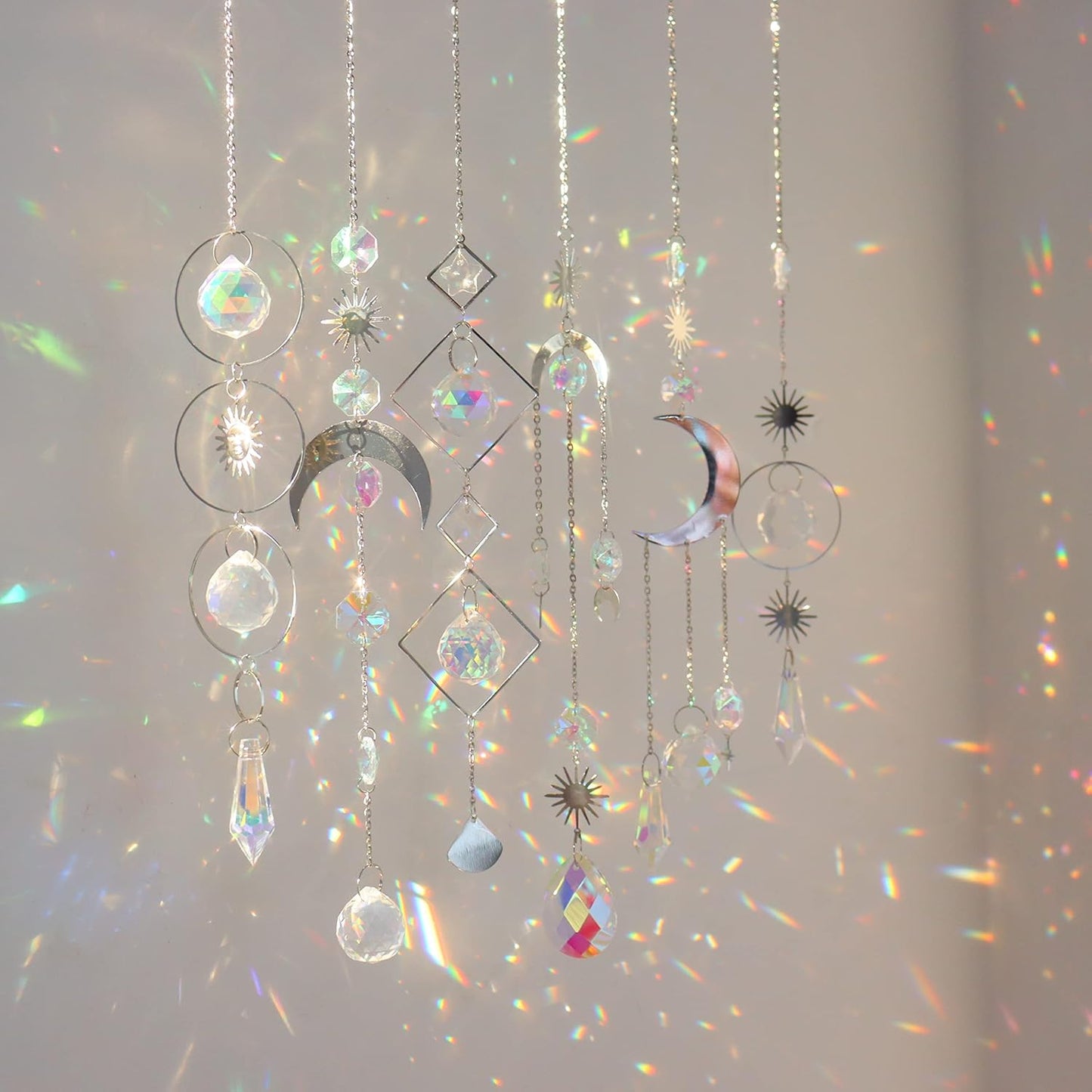 6 Pieces Colorful Crystals Suncatcher Hanging Sun Catcher with Chain Pendant Ornament (Silver)