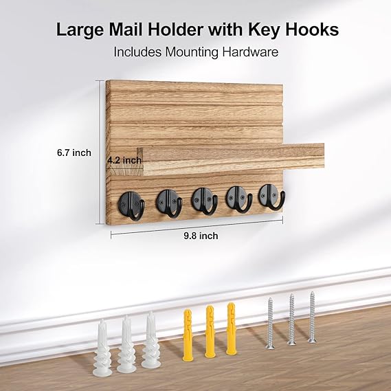 Key Holder for Wall, Decorative Key and Mail Holder with Shelf Has Large Key Hooks for Bags, Coats