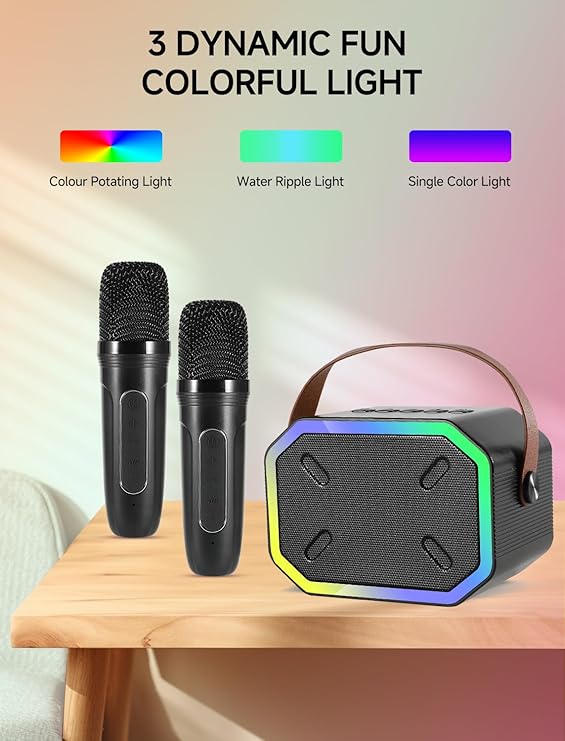 Mini Portable Bluetooth Speaker with 2 Wireless Microphones, Led Lights for TV, Kids Gifts