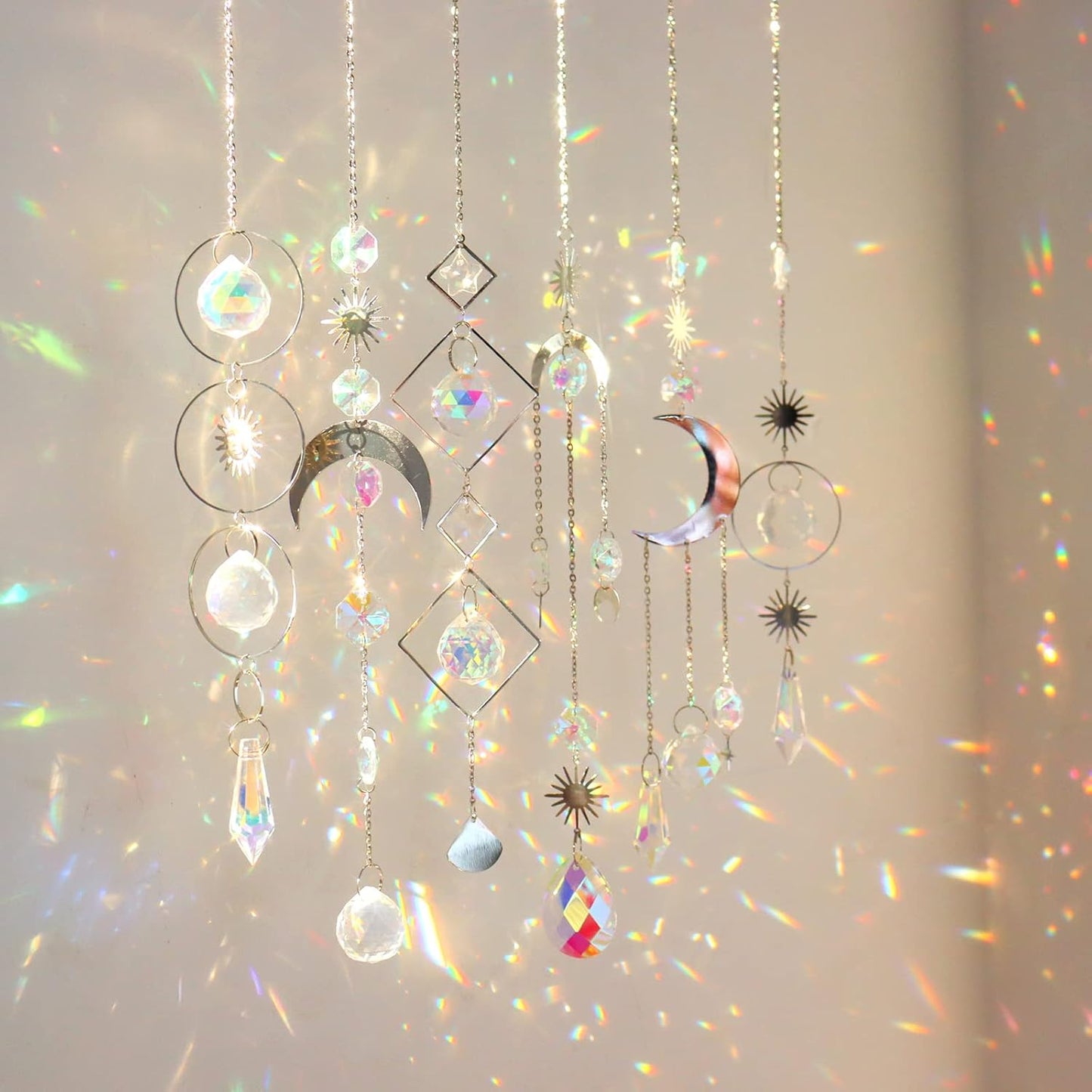6 Pieces Colorful Crystals Suncatcher Hanging Sun Catcher with Chain Pendant Ornament (Silver)