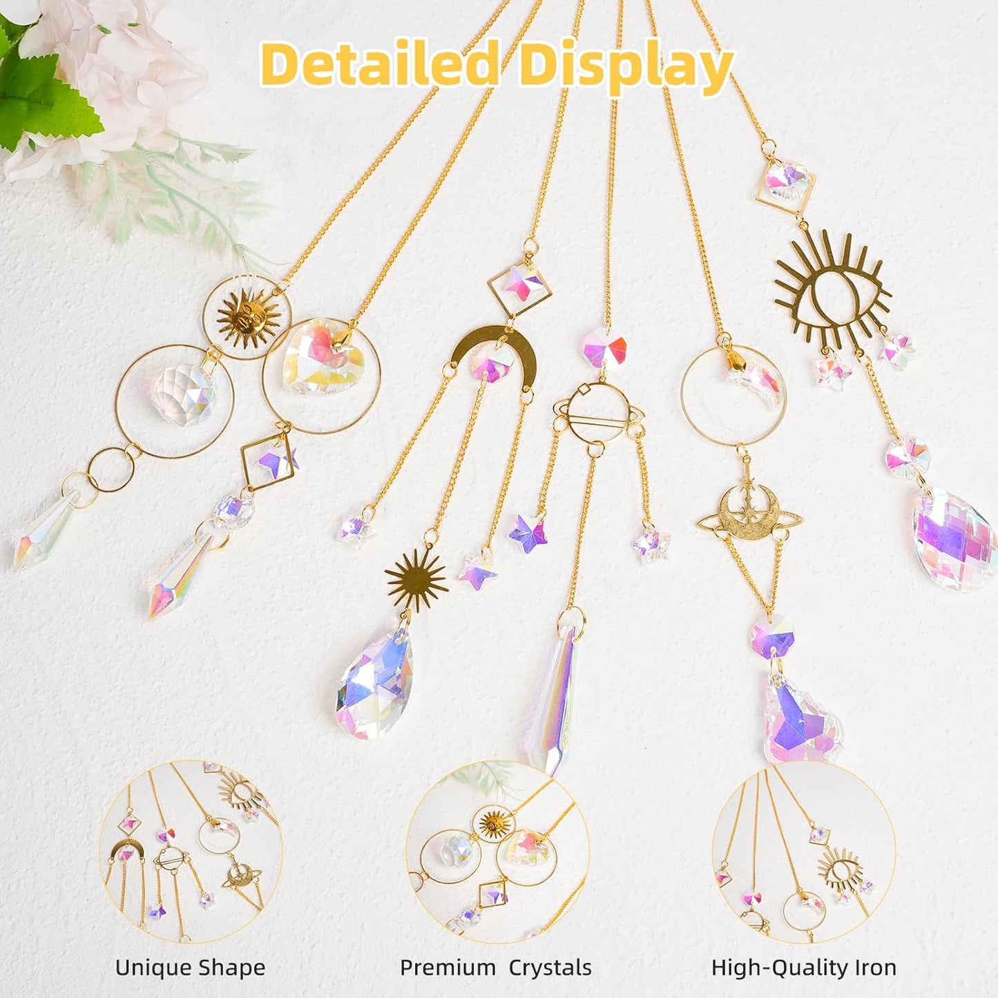 6 Pieces Colorful Crystals Suncatcher with Chain Pendant Ornaments (Gold)