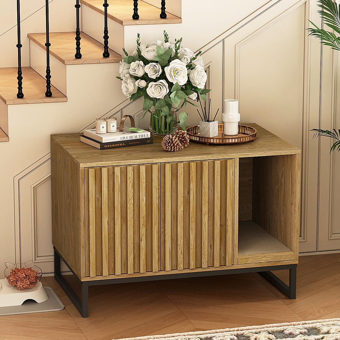 Modern Cat Litter Box Enclosure Furniture Hidden Litter Box with Cat Scratch Pad