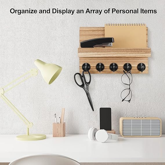 Key Holder for Wall, Decorative Key and Mail Holder with Shelf Has Large Key Hooks for Bags, Coats