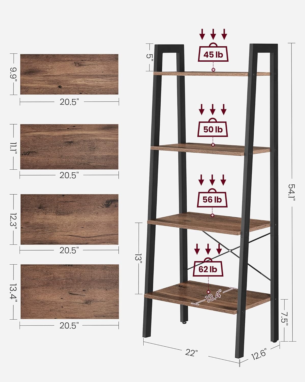 4-Tier Bookshelf, Storage Rack, Bookcase with Steel Frame