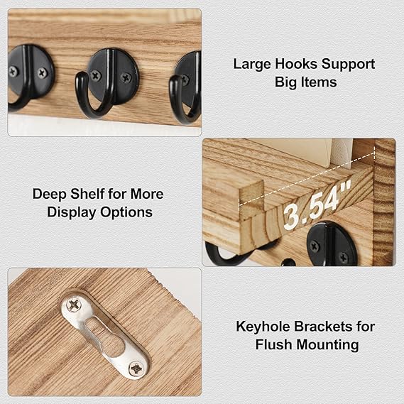 Key Holder for Wall, Decorative Key and Mail Holder with Shelf Has Large Key Hooks for Bags, Coats