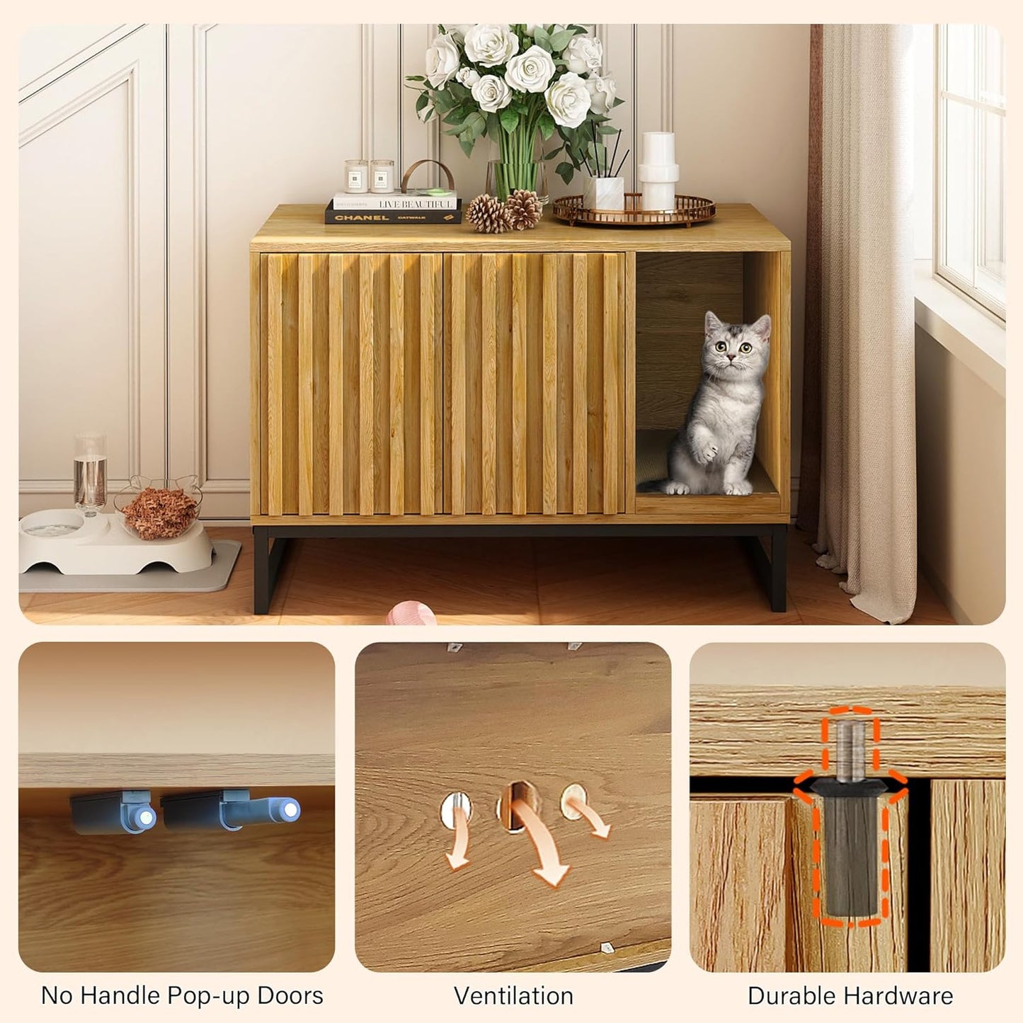 Modern Cat Litter Box Enclosure Furniture Hidden Litter Box with Cat Scratch Pad
