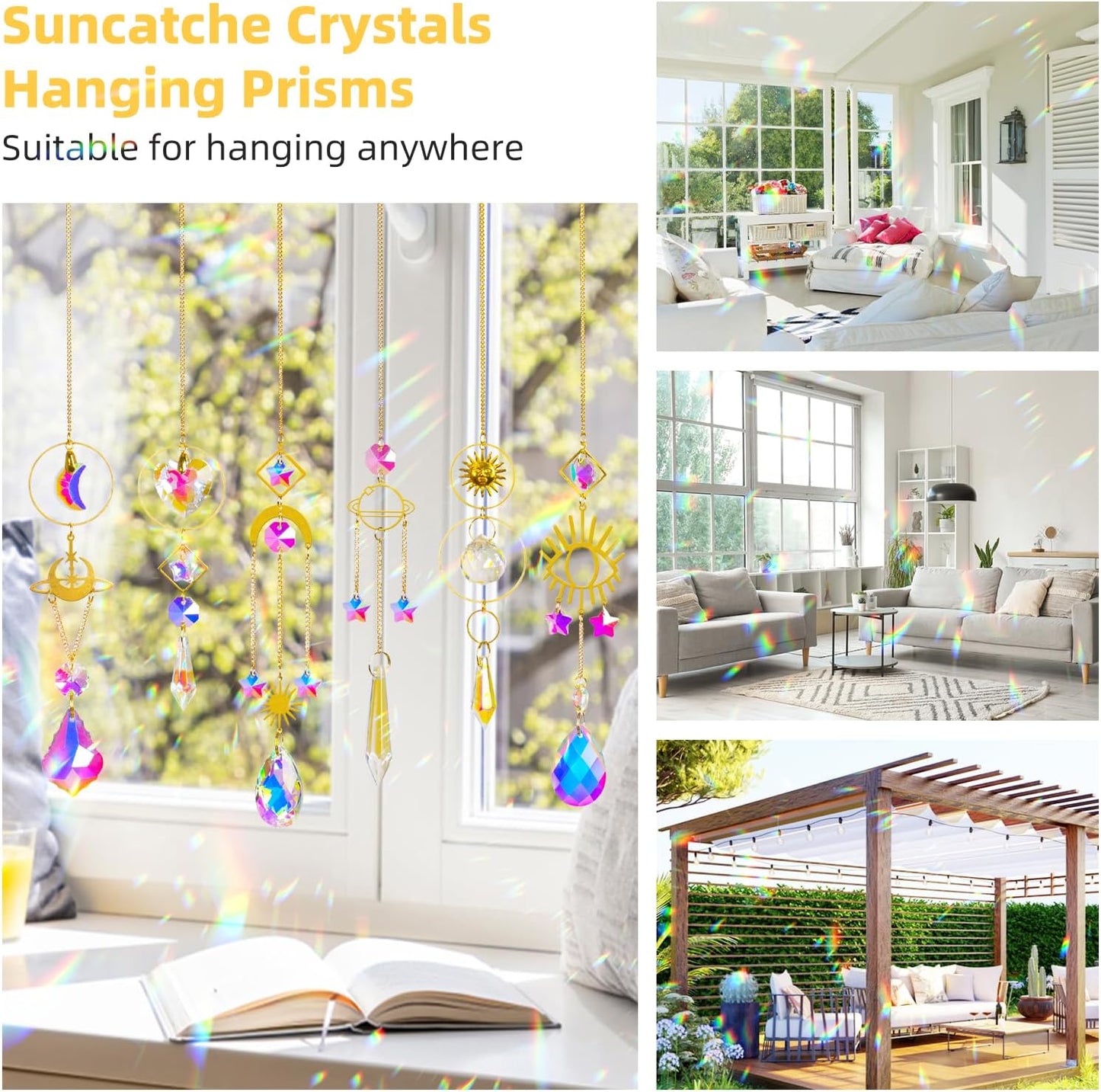 6 Pieces Colorful Crystals Suncatcher with Chain Pendant Ornaments (Gold)