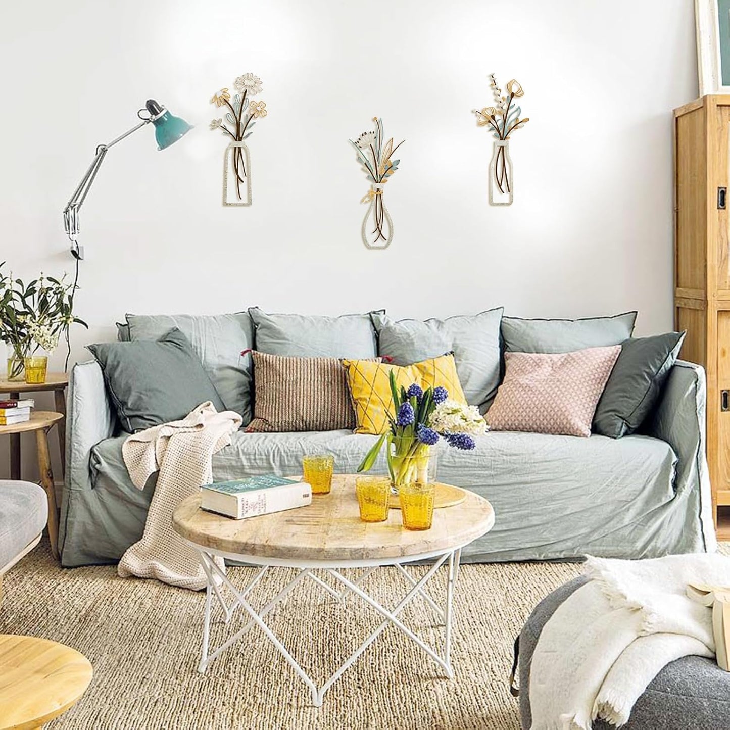 3 Pieces Metal Flowers Wall Arts - Rustic Farmhouse Decor Beige Minimalist Flower Wall Decors