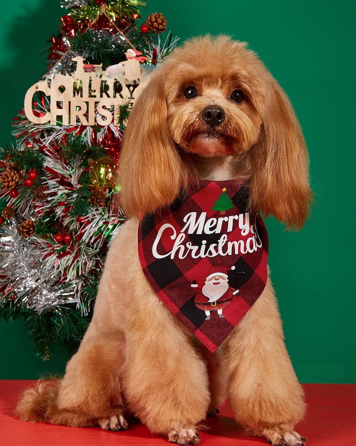 2PCS Christmas Dog Bandanas,Classic Plaid Triangle Dog Scarf with Santa and Snowman Print