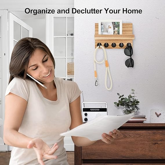 Key Holder for Wall, Decorative Key and Mail Holder with Shelf Has Large Key Hooks for Bags, Coats