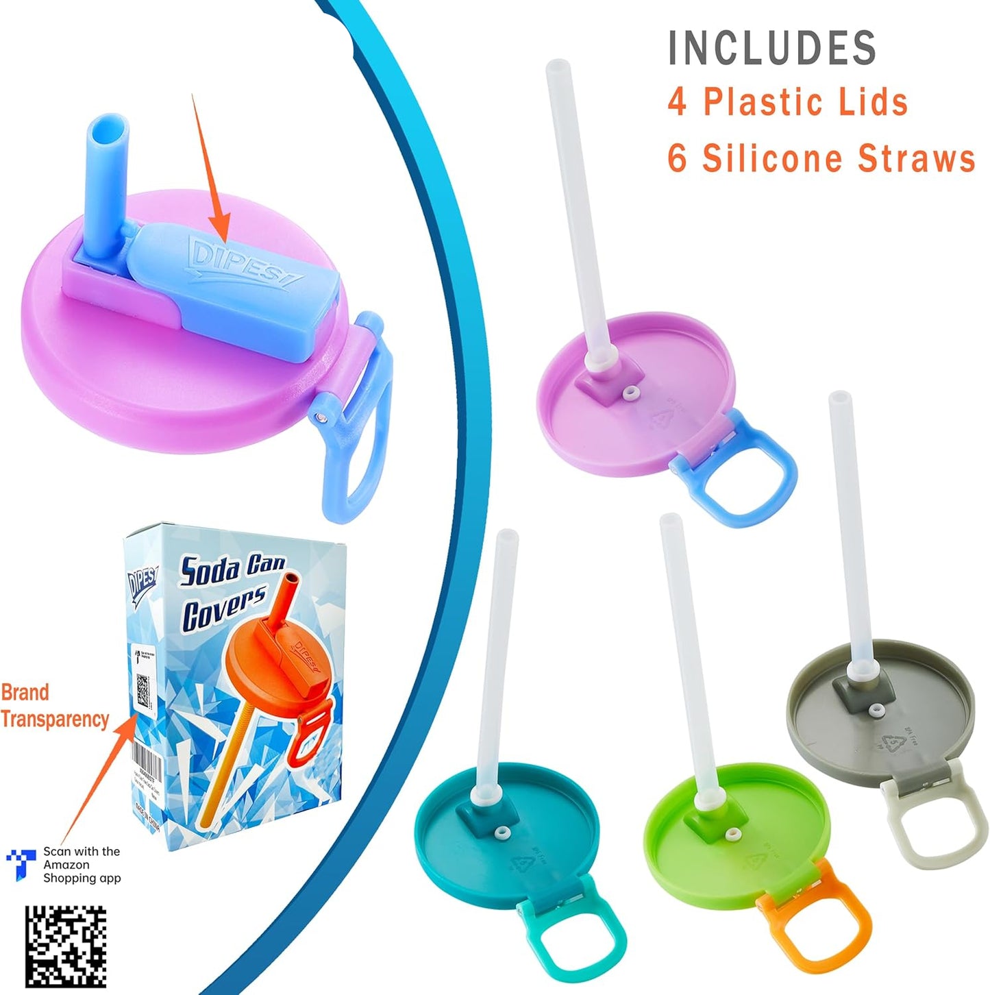 Set of 4 Reusable Soda Can Lids with Straw