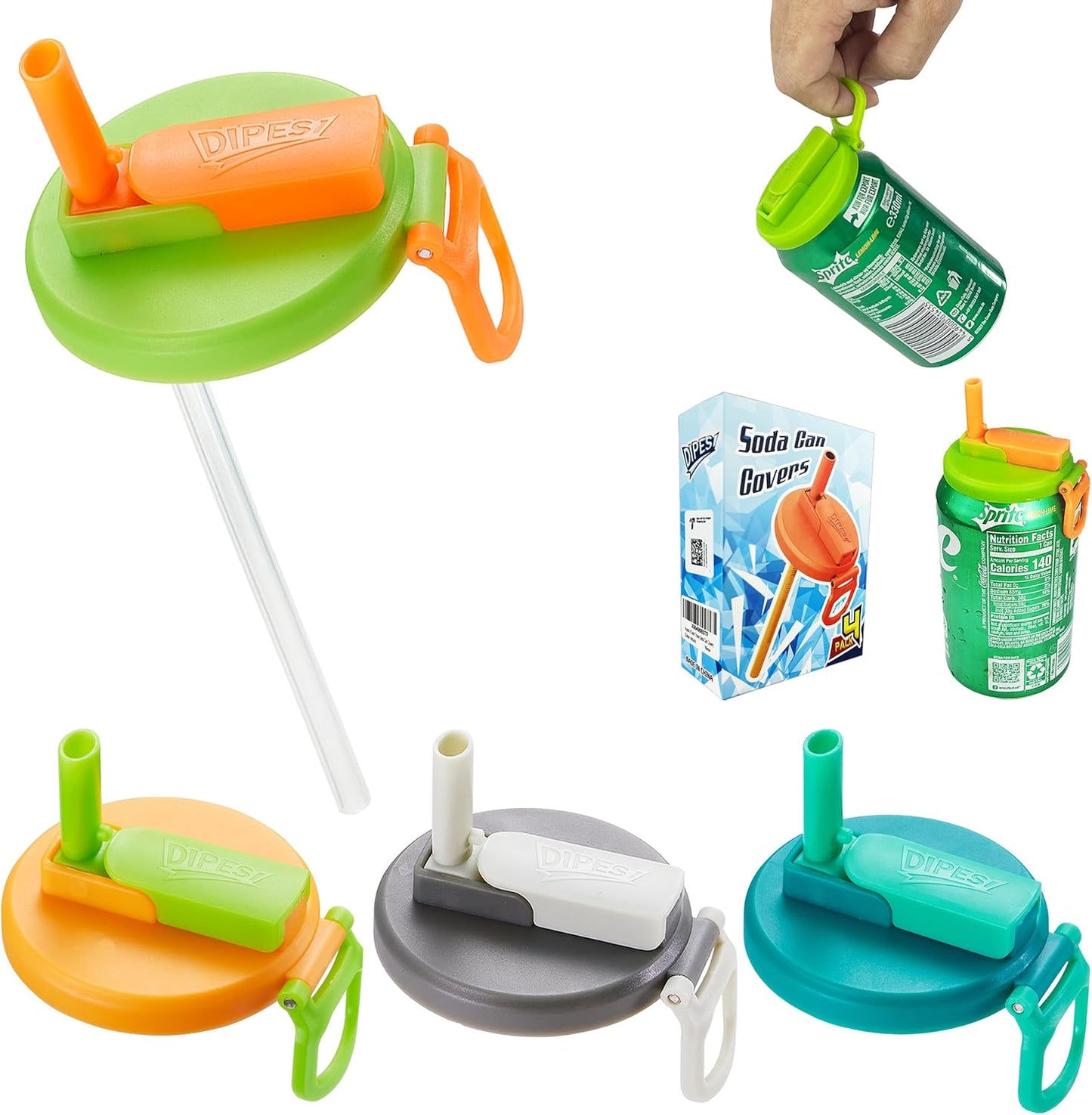 Set of 4 Reusable Soda Can Lids with Straw