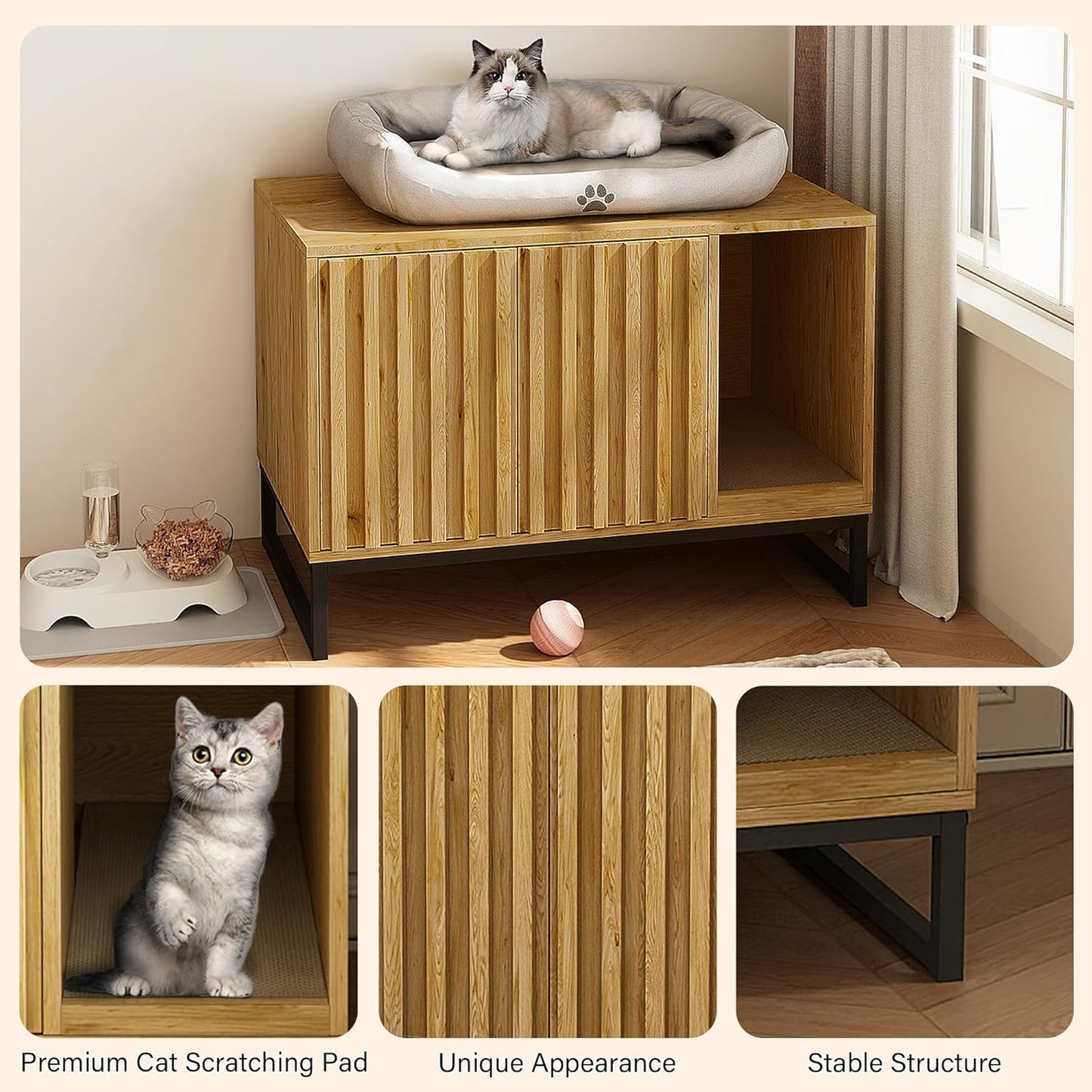 Modern Cat Litter Box Enclosure Furniture Hidden Litter Box with Cat Scratch Pad