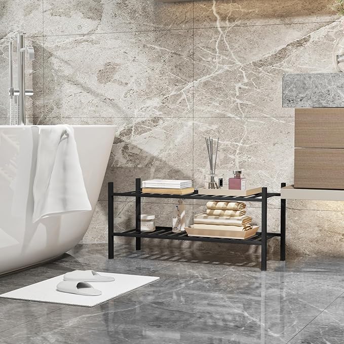 2-Tier Shoe Rack for Closet, Stackable Bamboo Shoe Rack for entryway, Hallway, Bathroom, Multifunctional Utility Free Standing