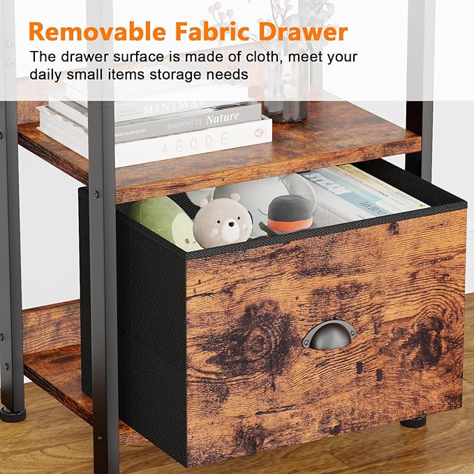 5 Tier Bookshelf with Drawer, Tall Narrow Bookcase with Shelves, Wood and Metal Book Shelf Storage Organizer, Industrial Display Standing Shelf Unit for Bedroom, Living Room