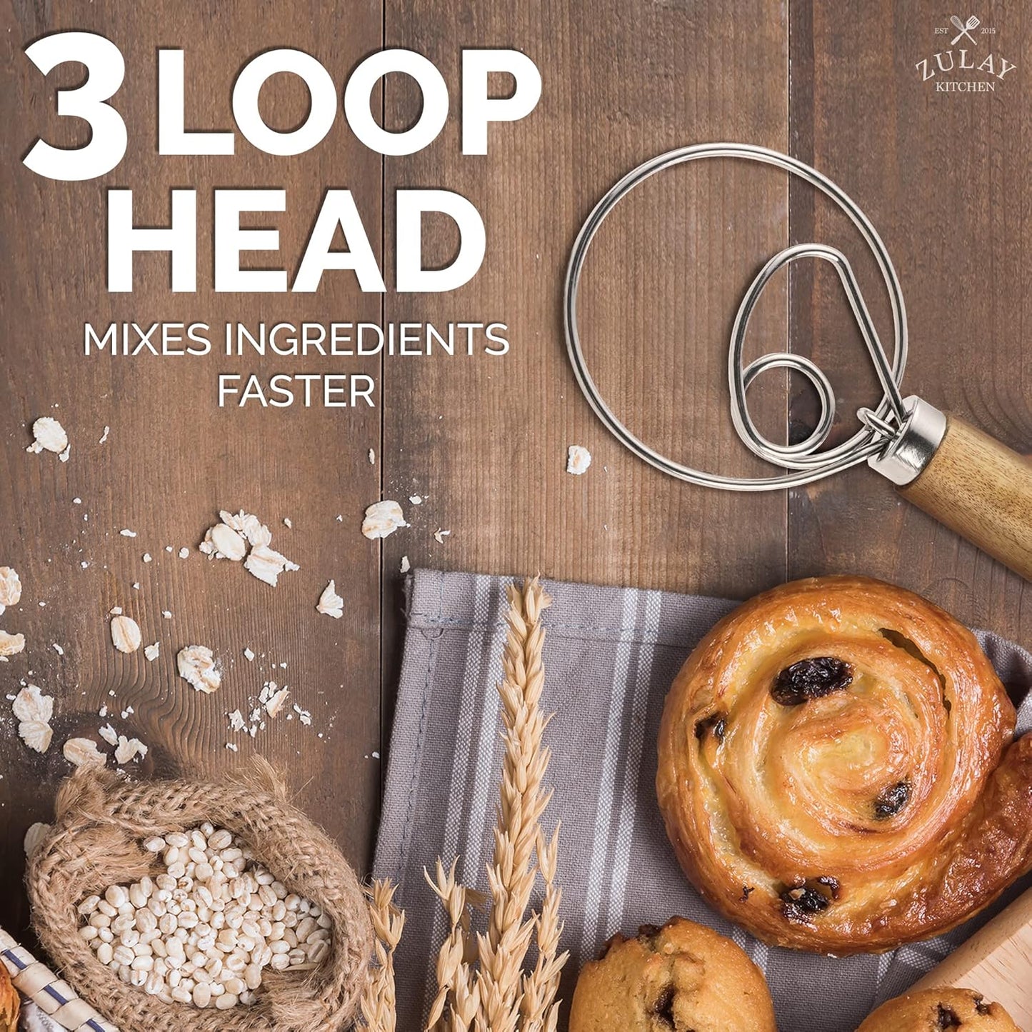 13 Inch Danish Dough Whisk - Large Wooden Danish Whisk