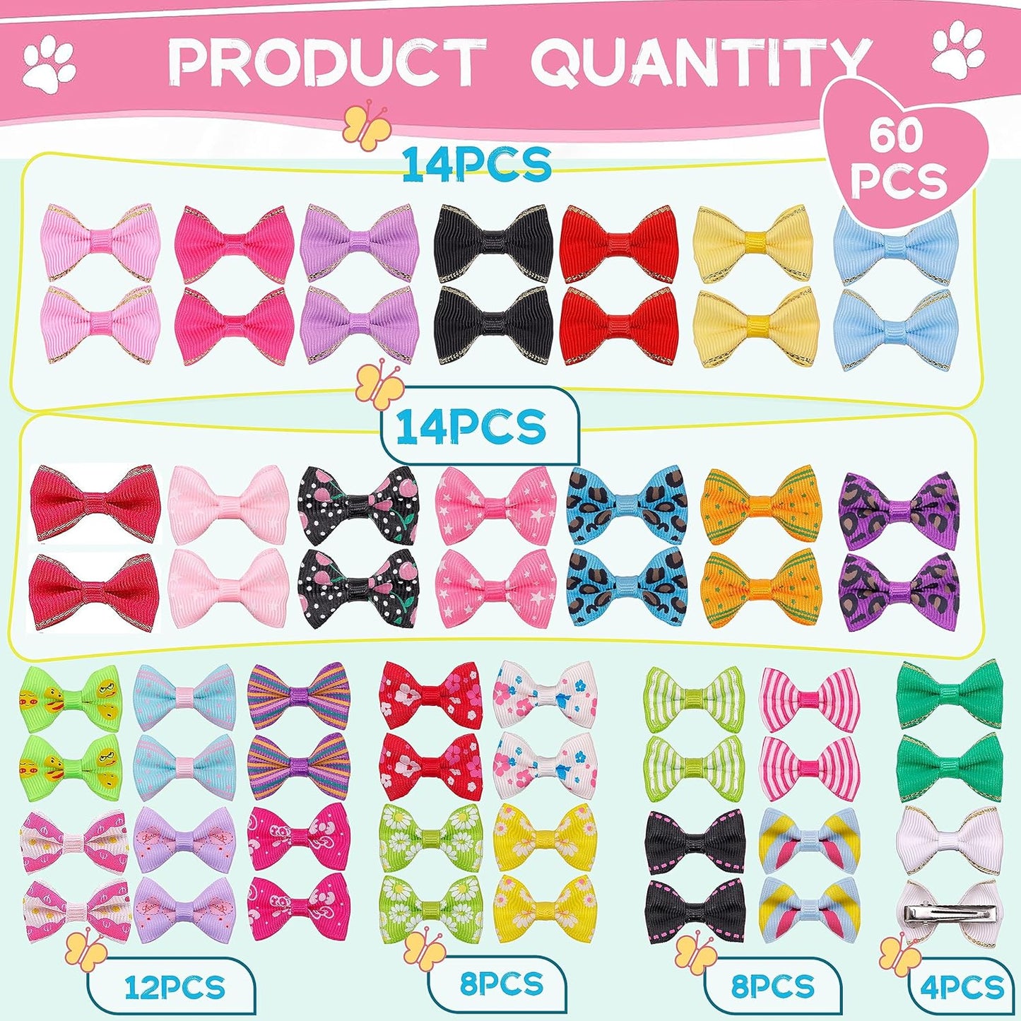 60PCS (30 Pairs) Cute Puppy Dog Small Bowknot Hair Bows with Metal Clips Handmade Hair Accessories