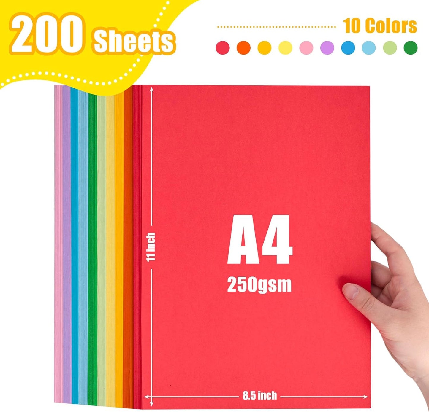 200 Sheets Colored Card Stock, 180 GSM 10 Colors Construction Paper