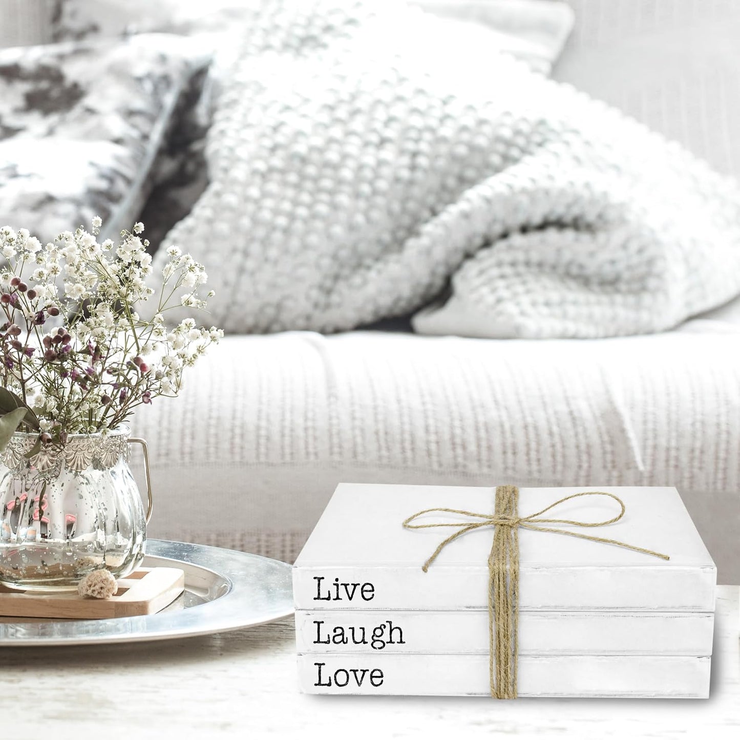 Decorative White Books, Set of 3 - Live Laugh Love Stacked Books