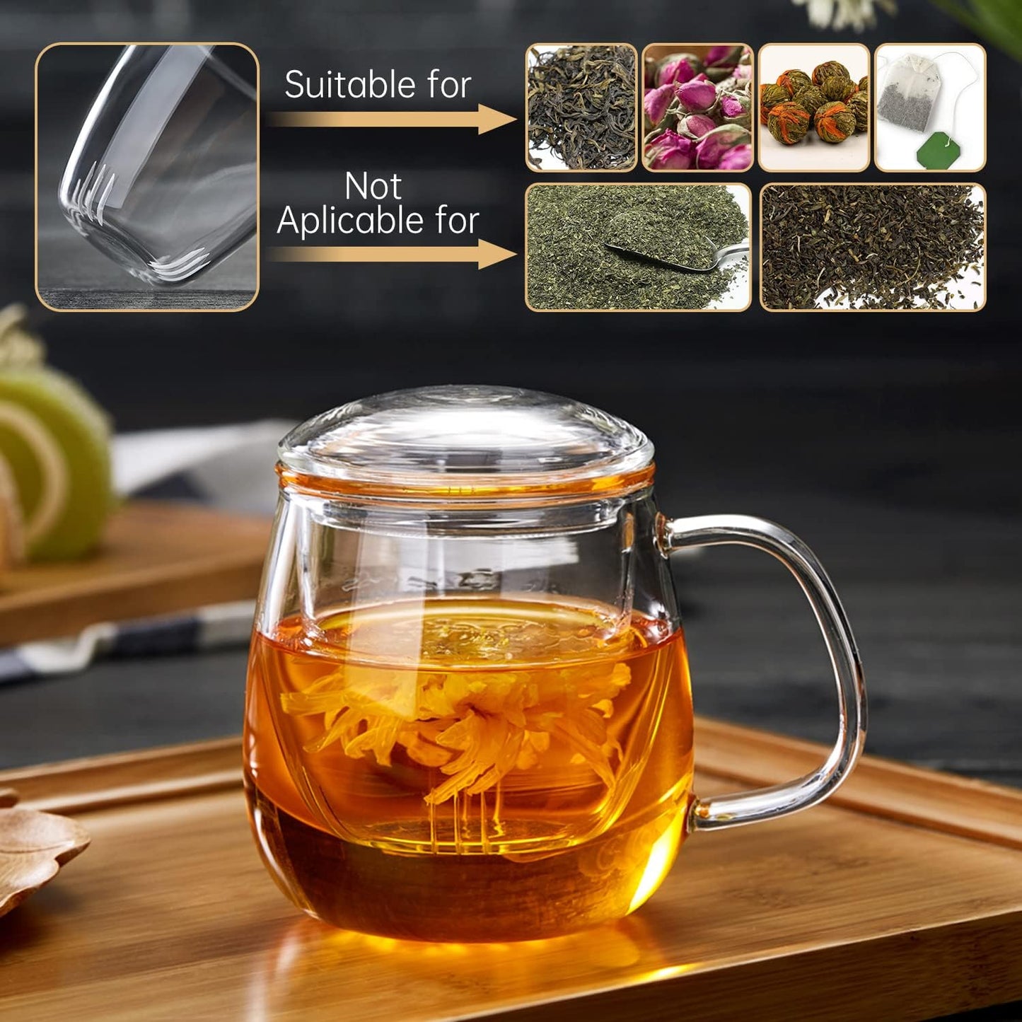 520ml Large Borosilicate Teacup,Tea Glass, Clear Mug Glass Tea Cup with Infuser and Lid