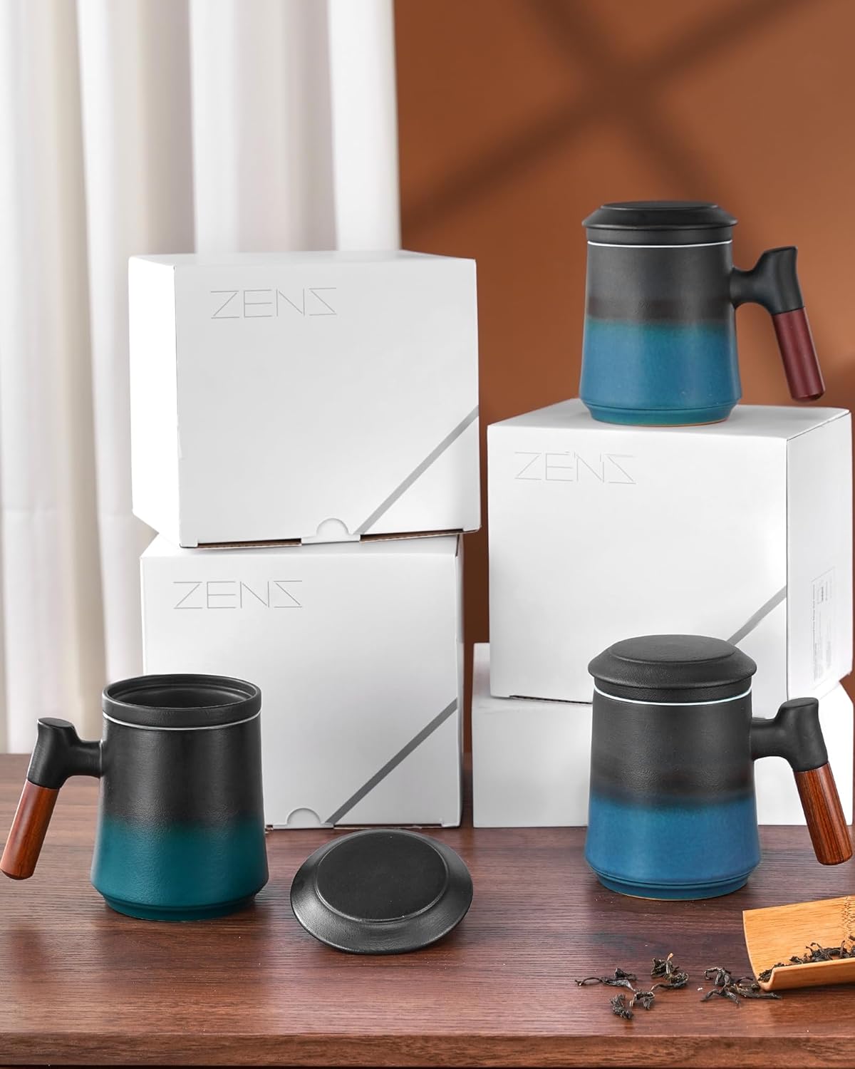 Gradient Blue 14.5oz Wood Handle Tea Cup with Infuser & Lid