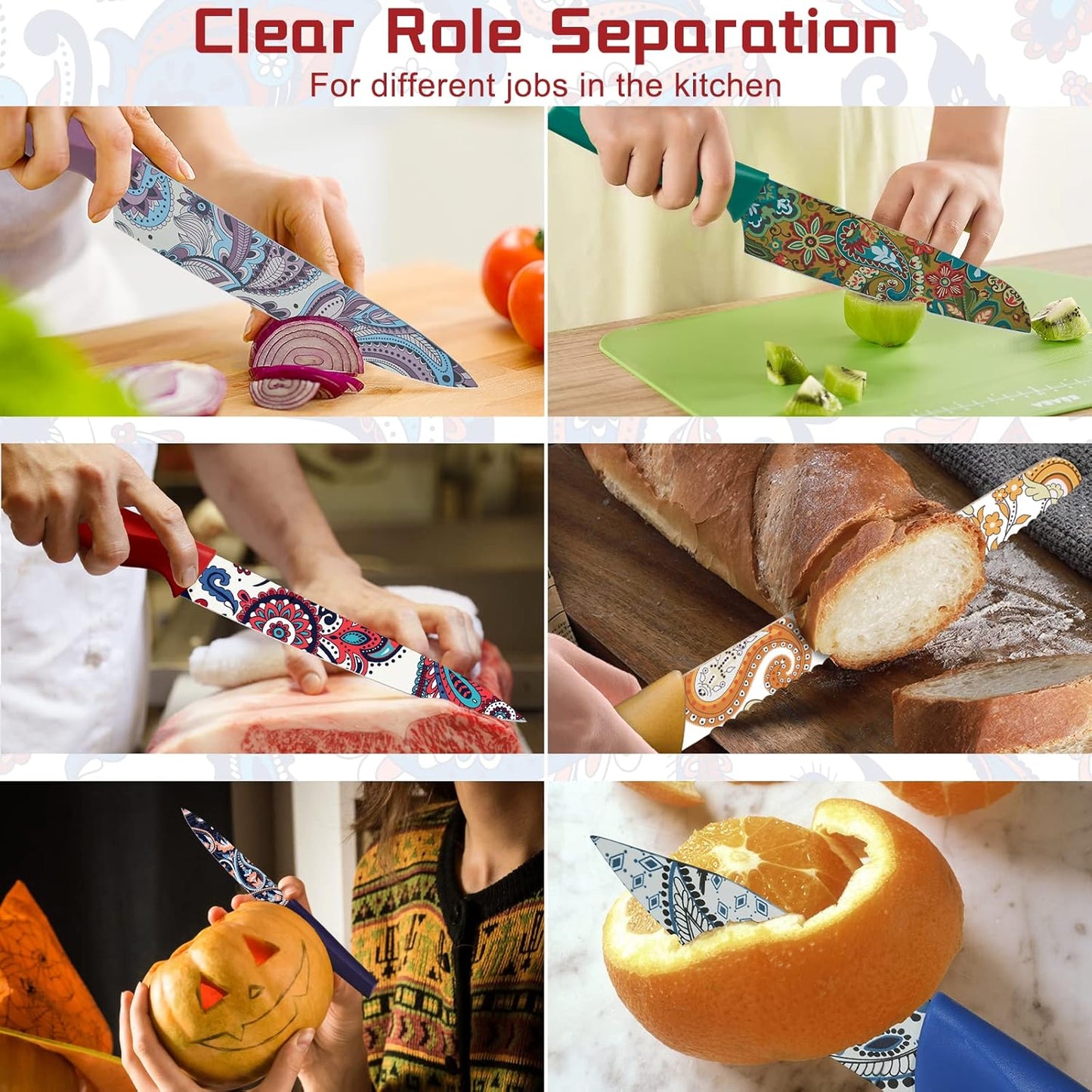 Paisley Pattern Knife Set with Cover, Dishwasher Safe Colorful Knives with 6 Knife Sheath