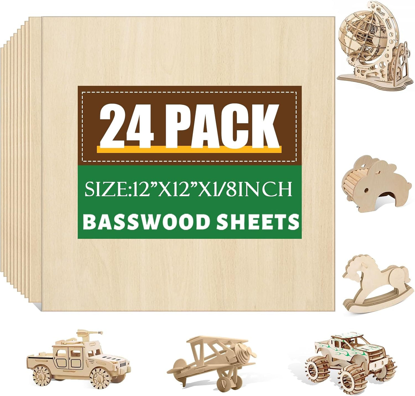24 Pack Basswood Sheets 1/8 x 12 x 12 Inch for Crafts
