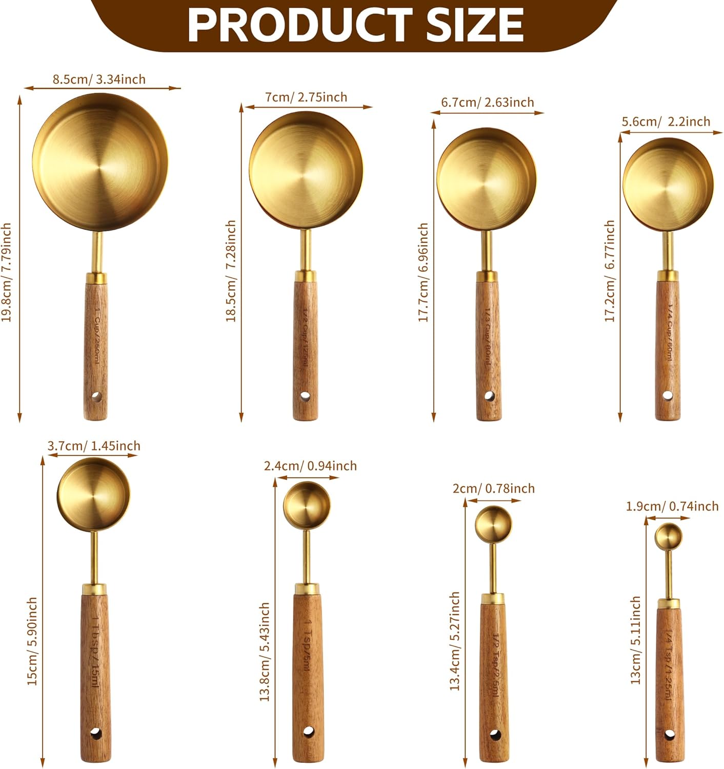 Gold Measuring Cups and Spoons Set,8 Piece Premium Stainless Steel Kitchen Tools