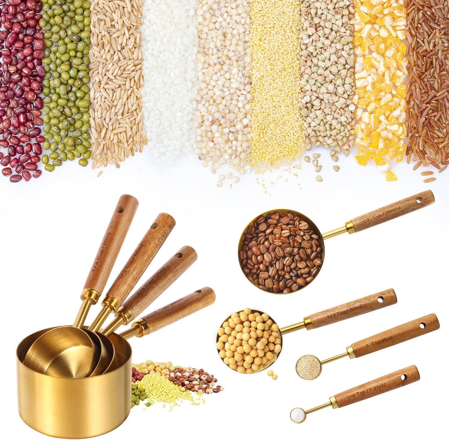 Gold Measuring Cups and Spoons Set,8 Piece Premium Stainless Steel Kitchen Tools