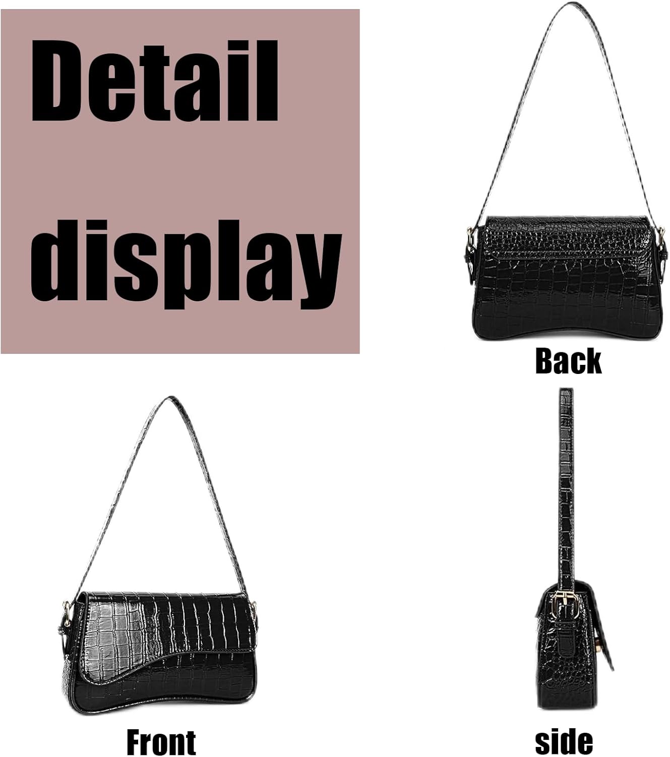 Shoulder Bag for women Clutch Purse Handbag PU Leather Tote Bag (Black)