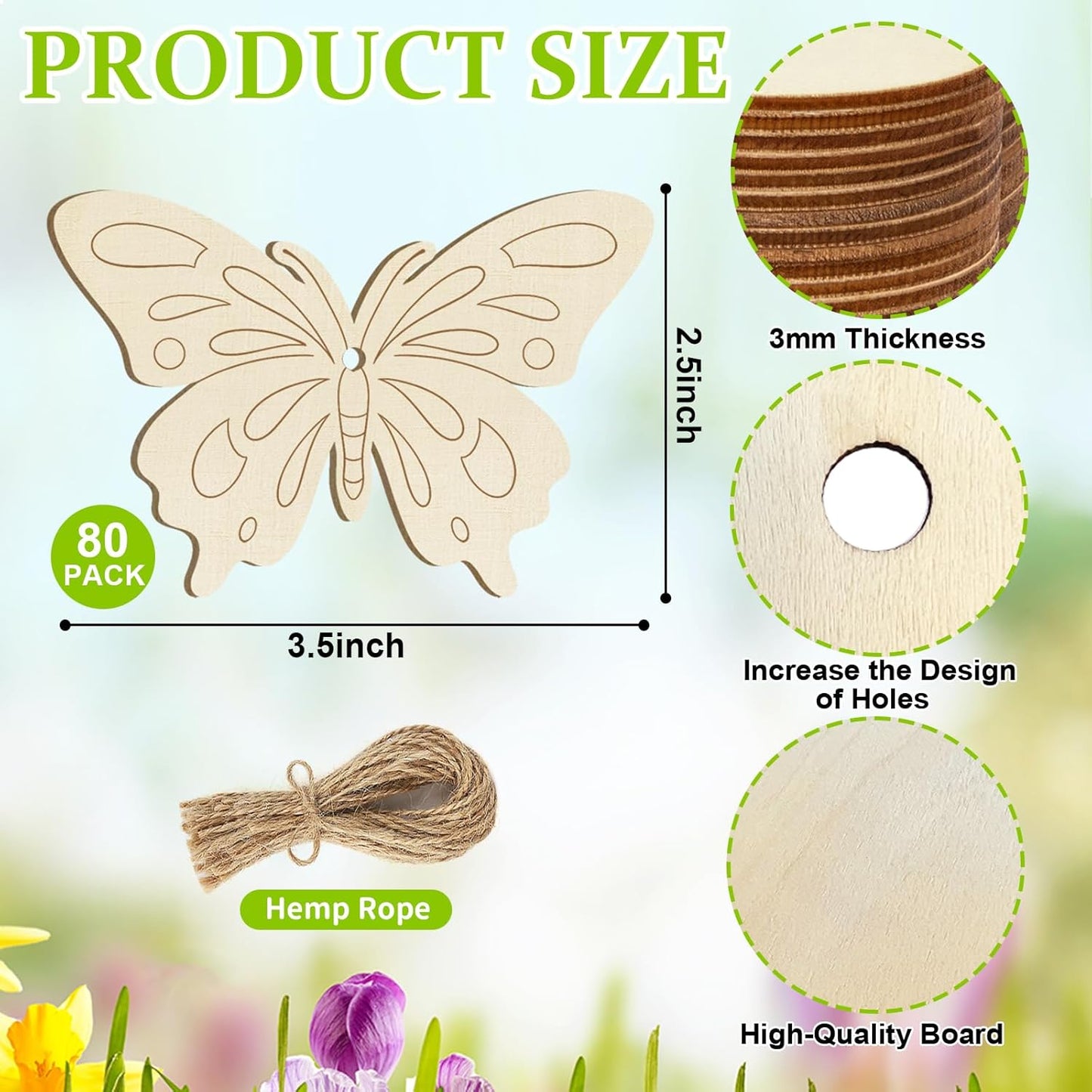 80PCS Wooden Spring Ornaments to Paint Butterfly Cutouts, 8 Styles