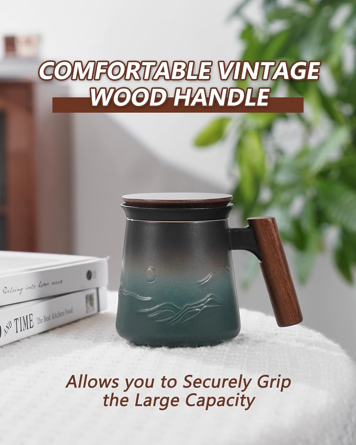 14.5 oz Tea Cup with Infuser and Lid Ceramic Tea Mug Wood Handle