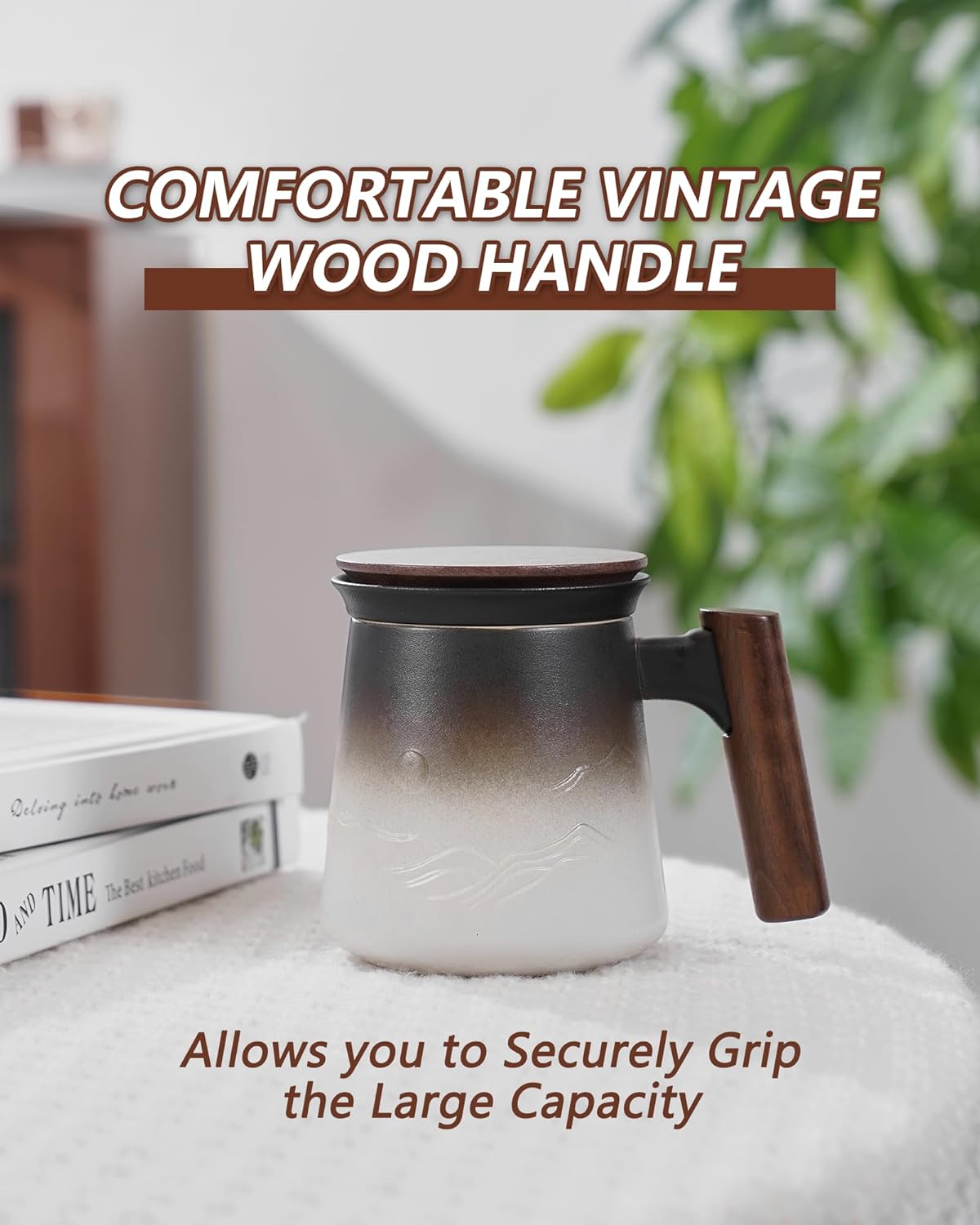 Tea Mug with Infuser and Lid, 14.5 oz Embossed Ceramic with Wood Handle